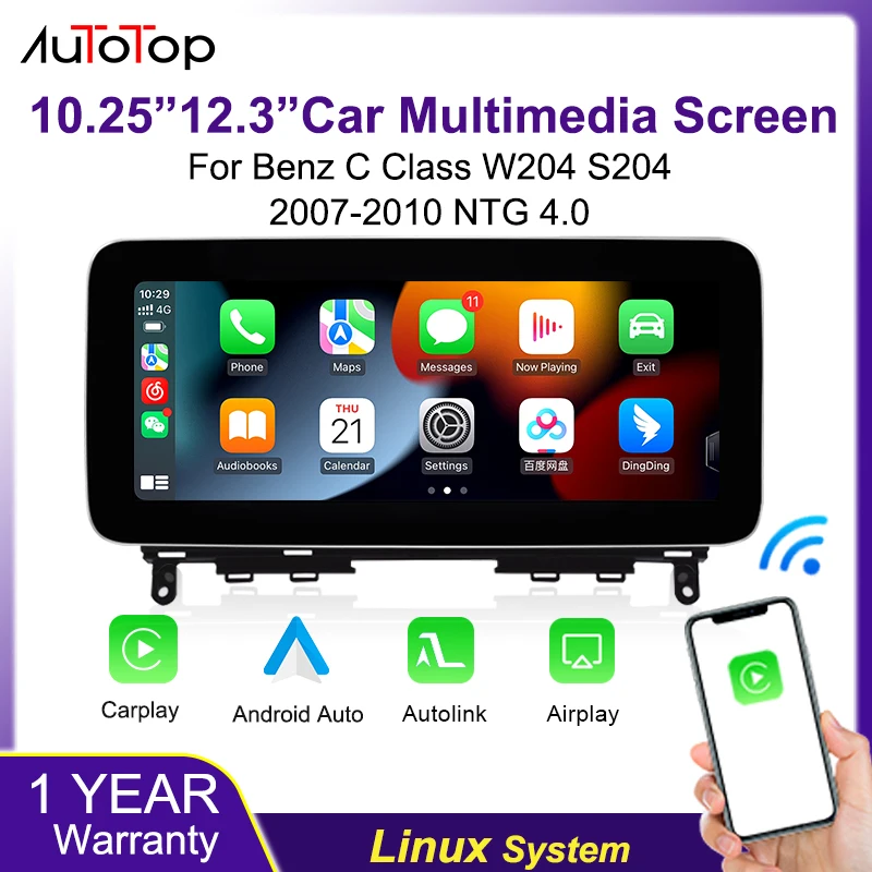 AUTOTOP, autoradio Linux con schermo touchscreen per Mercedes Benz Classe C W204 S204, modelli 2007-2010, sistema NTG 4.0, con supporto per Carplay wireless, Android Auto, Mirrorlink e Airplay.