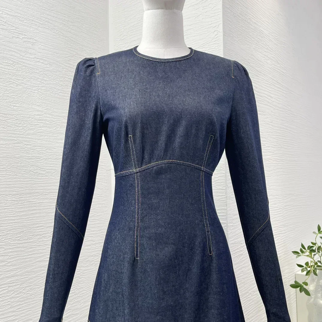 2024 New Autumn High Quality Cotton Navy Blue Long Sleeve Jeans Midi Dress for Women