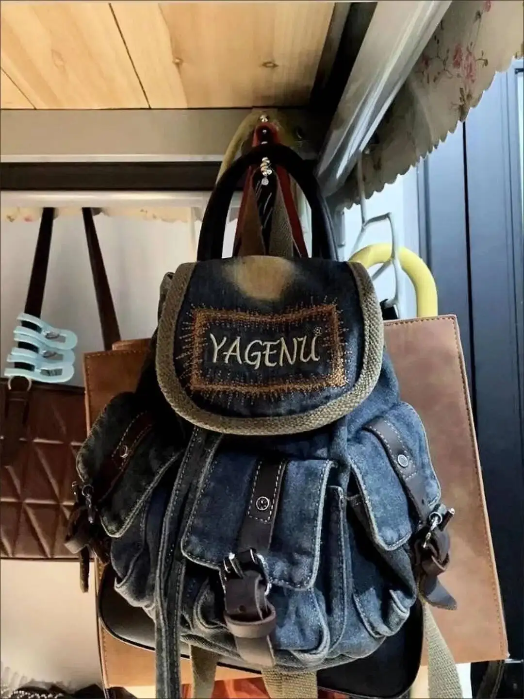 Bloom Vintage Denim Backpack Women Retro Letter Embroidery Casual School Bag Backpacks Female Haruku Y2k Mochila Aesthetic