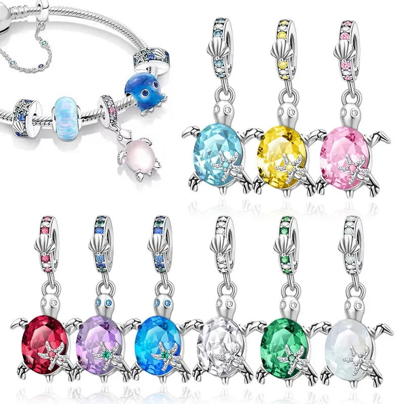 925 Silver Blue Zircon Star Sea Turtle Shape Twelve Color Charm Beads Fit Original Bracelet for Women Pendant DIY Jewelry Gift image 2