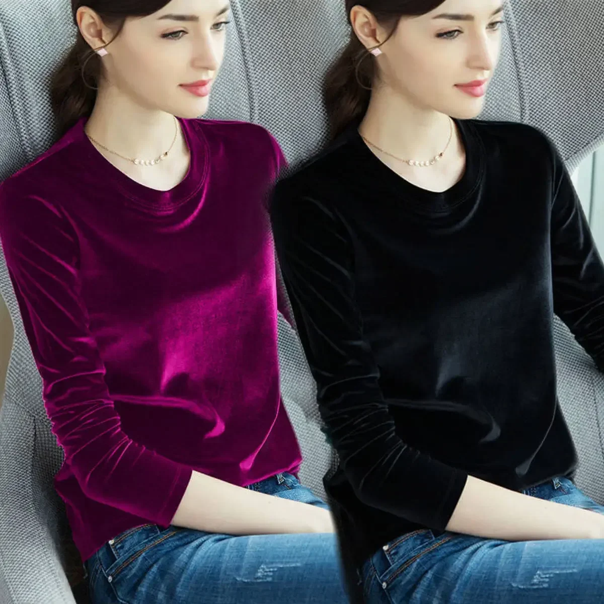 Women Warm Base Shirt O Neck Velvet T-Shirt Stretch Tees Long Sleeve Lady Chic Steet Lersure Top Fashion 2024 Autumn Winter