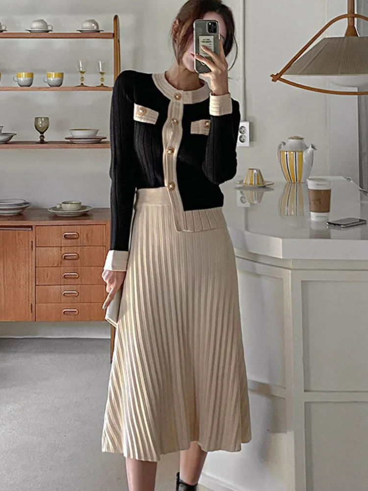 New Korean Fashion Skirt Sets Women Knitted Long Sleeve Sweater Cardigan + Pleated Long Skirt Two Piece Sets Womens Outifits