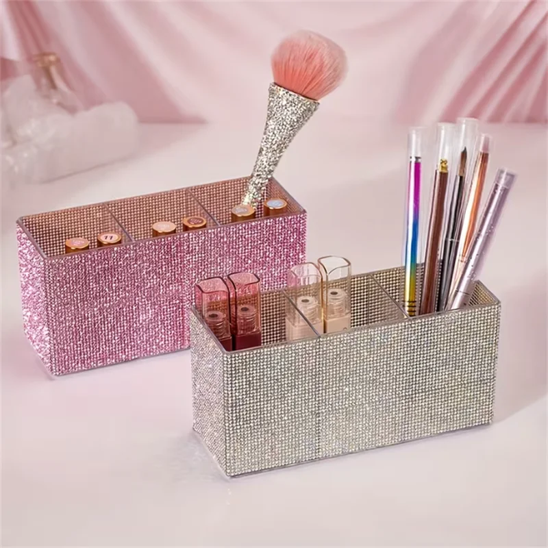 Organizador de pincel de maquiagem com strass brilhante, com 3 compartimentos, grande capacidade, pincéis de maquiagem, batom, ferramentas cosméticas, caixa de armazenamento