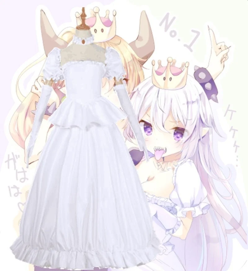 

Booette King Boo Cosplay Costume Princess Koopa White Dress with Gloves Lolita Halloween Carnival Dress Long Silver Straight Wig