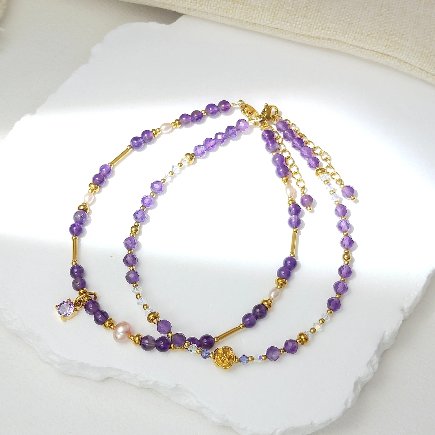 Lii Ji Natural Stone 4mm Amethyst With Crystal Beaded Anklet 24+3cm Handmade Bohe Fashion Jewelry For Female