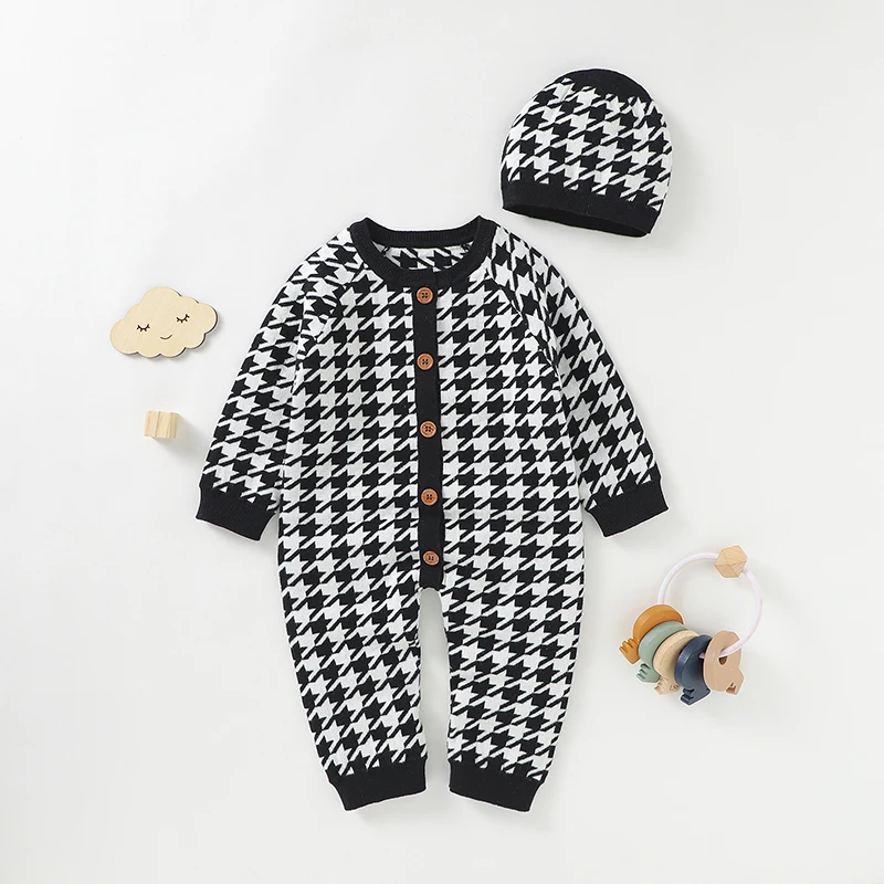 Baby Clothes Set Cotton Knit Infant Girl Boy Romper Long Sleeve +Blanket 100*80CM Newborn Jumpsuit +Quilt Houndstooth Soft Cover