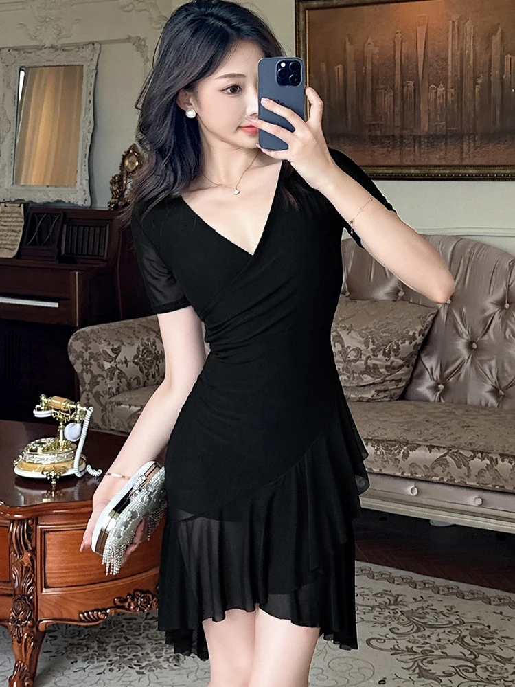 2025 Zwarte Mesh Korte Mouw V-hals Mini Jurk Zomer Elegante Chic Sheer Verstoorde Sexy Jurk Vrouwen Koreaanse Vintage Hepburn Jurken