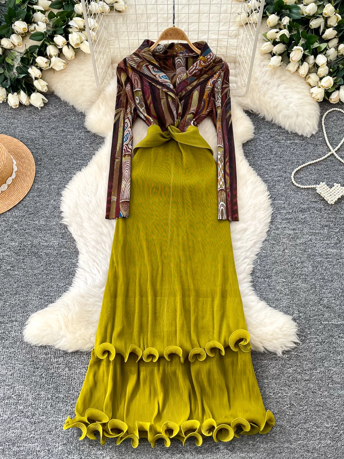 

Женское платье с ретро-принтом, V-образным вырезом, облегающее, с длинным рукавом, элегантное, А-силуэт, многоярусная юбка, для офиса, из полиэфирного волокна