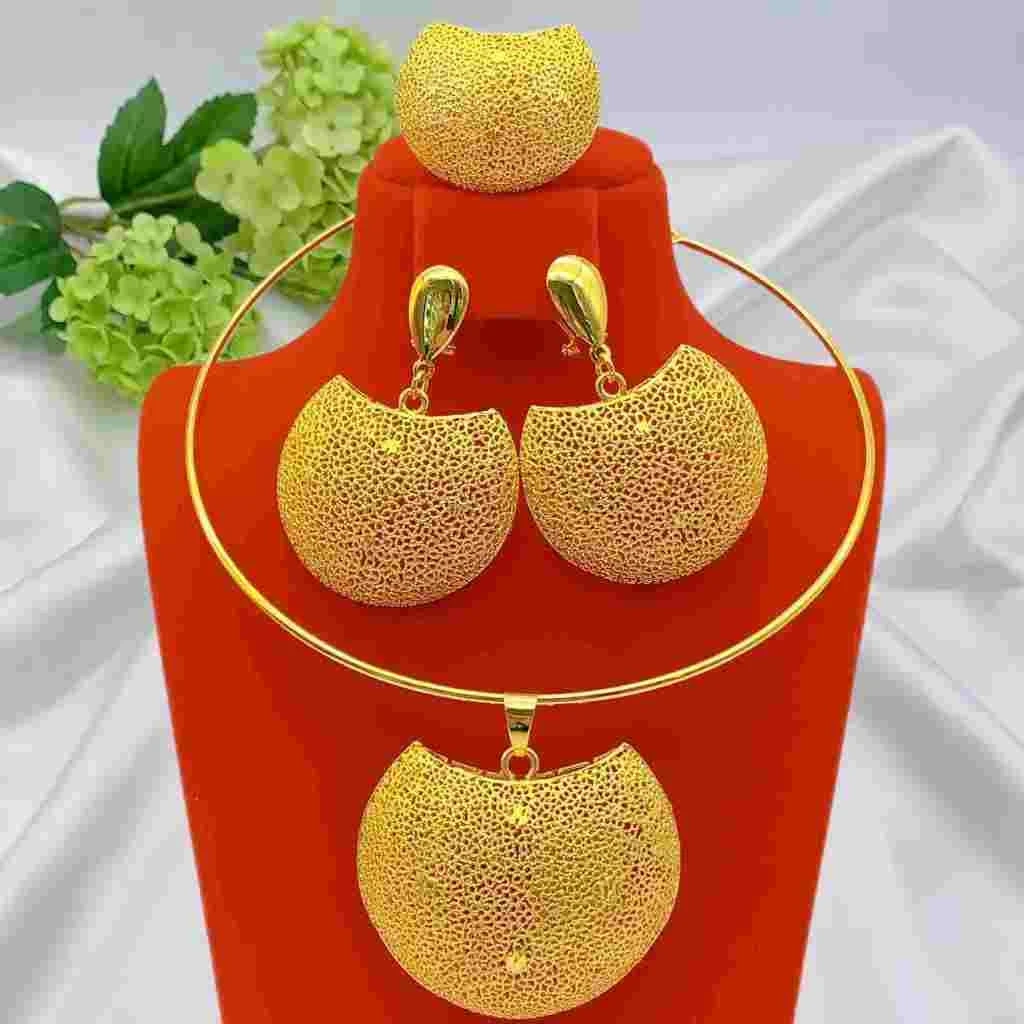 Luxuriöse Dubai 24k vergoldete Halskette und Ohrringe Schmucksets für Damen Äthiopisches Indisches Brautset Hochzeitsgeschenke – Detail 1