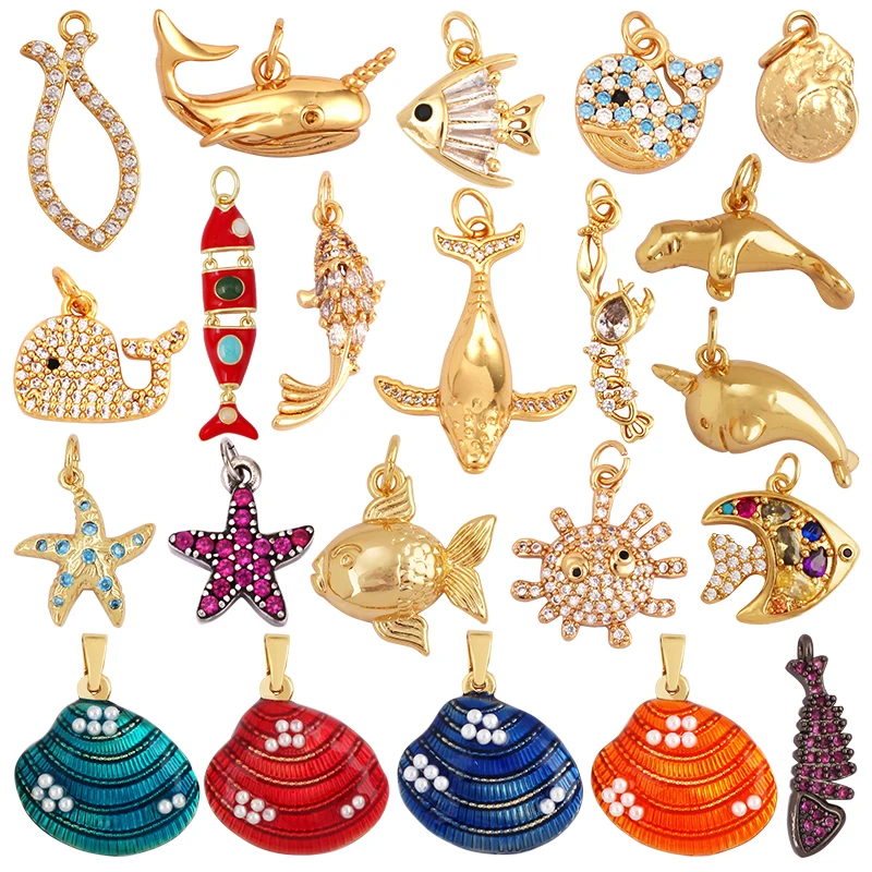 Colgante con dije de camarón y asta de pez Tropical, delfín, concha de océano azul, accesorios de joyería de circón chapado en oro de 18 quilates K64