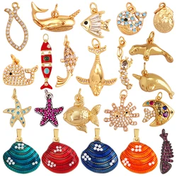Blue Ocean Shell Animal Dolphin Tropical Fish Bone Seastar Shrimp Charm Pendant,18K Gold Plated Zircon Jewelry Findings K64