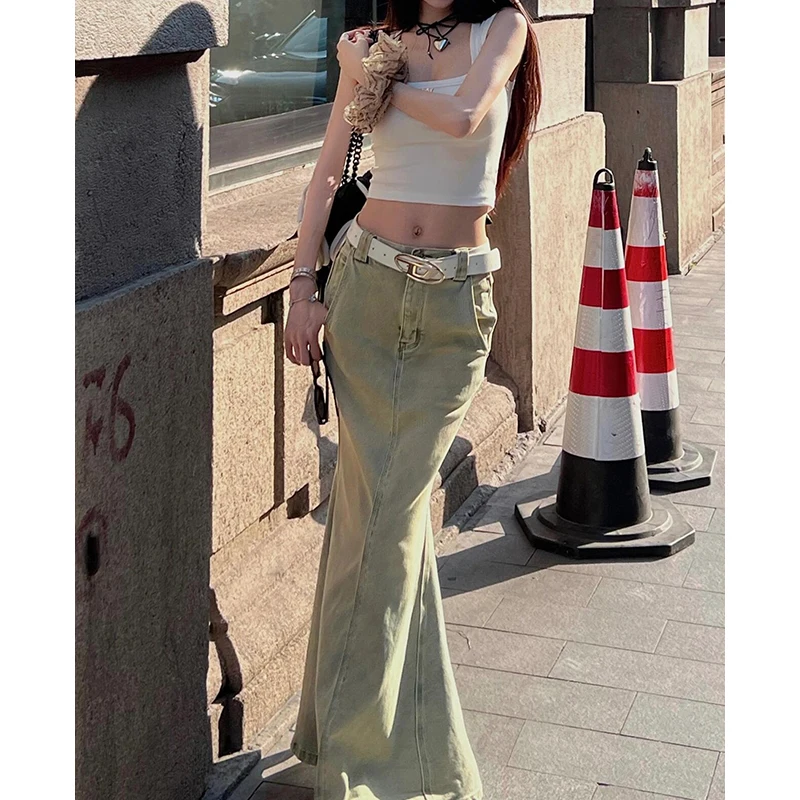 PBAP Sólido Lavagem Denim Maxi Saia Mulheres Cintura Alta Ponto Bolsos Fazer Velho Split Sereia Saia Jeans Longa Verão Vintage Streetwear