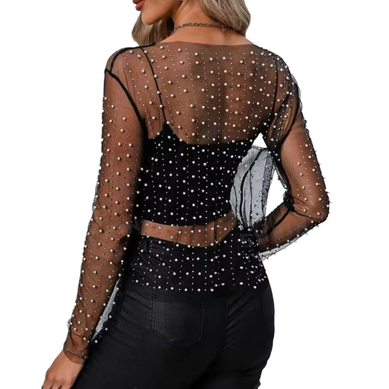 Damen Strass-Transparent-Netz-Top Funkelndes Perlen-Transparent-T-Shirt Bluse Sexy Clubwear Party Festival Rave Konzert Y2K Outfits – Detail 5