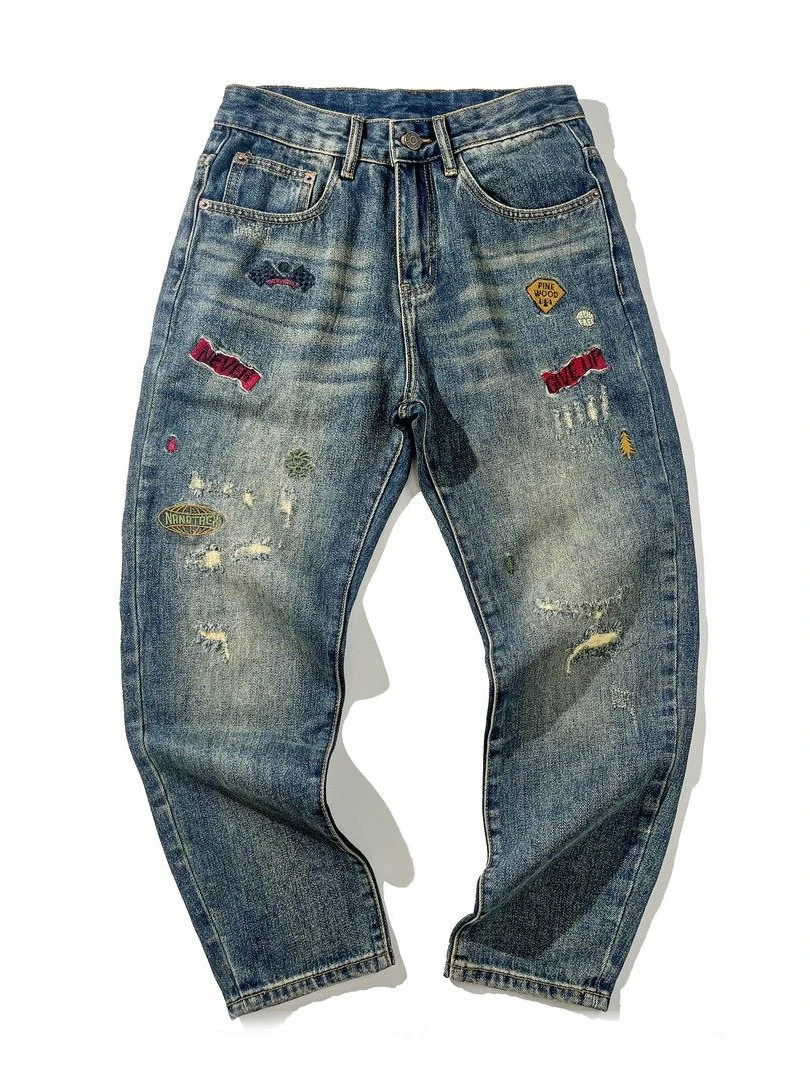 

Retro Waed American Sle Patchwork Embroidered Hole Denim Jeans Men Loose Straight Leg Trendy Brand Casual Faion Ci