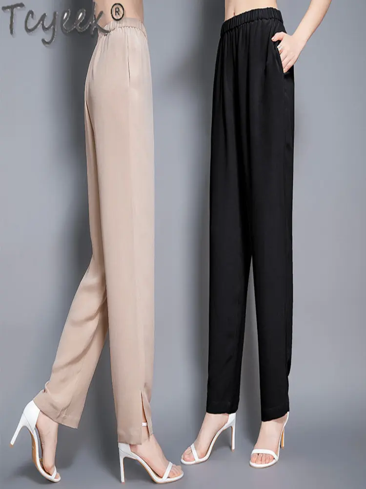 

Tcyeek Summer 95% Mulberry Silk Pants Women Korean for Clothing Hight Waist Straight Trousers Pantalon Pour Femme