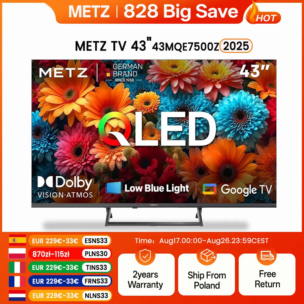 Telewizor METZ QLED 43 cali 4K Smart LED Google Tele HDR 10 MEMC DBX Dolby Atmos Game Hub EyeCare Tuner 2025 43MQF7500Z
