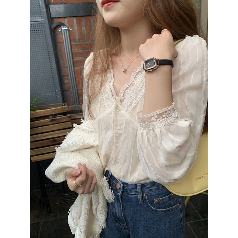 Elegant Shirts Women Lace Patchwork Long Sleeve Blouses Spring Streetwear Korean Fashion V Neck Casual All Match Chic Tops New