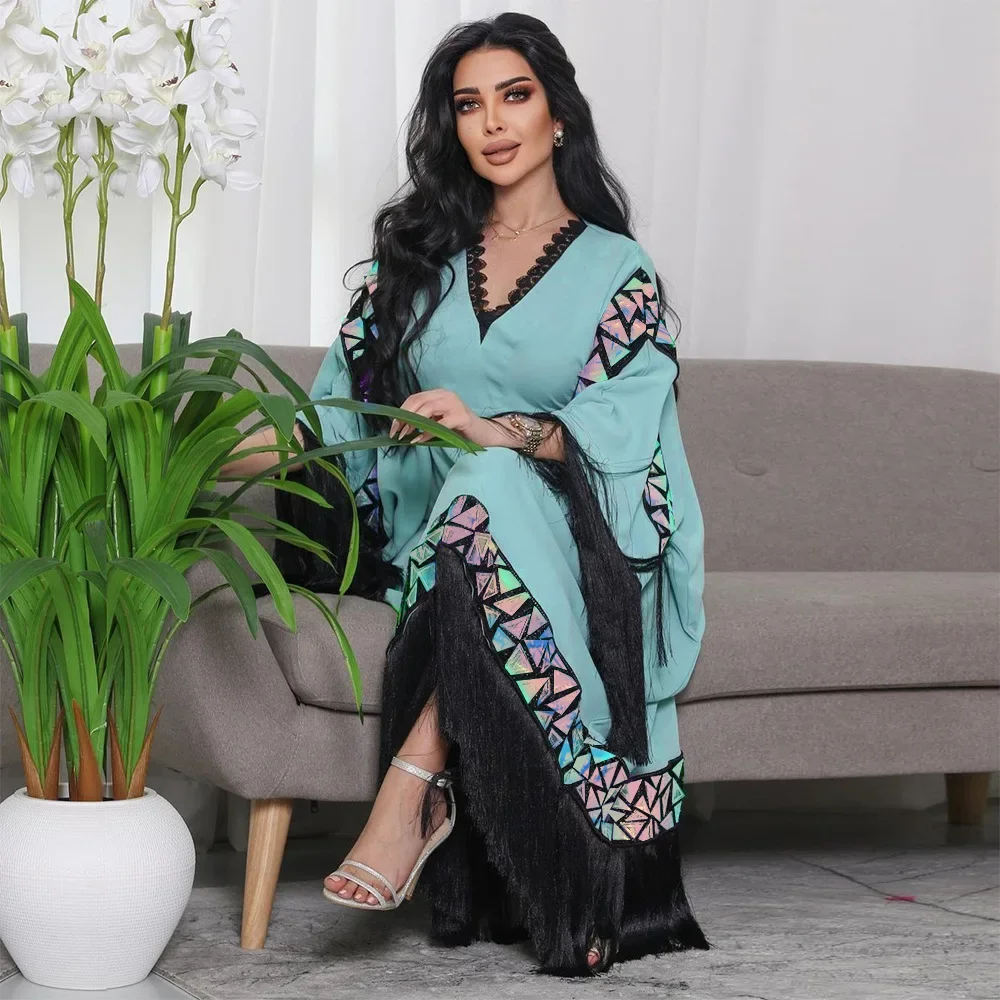 

Floral Print Abaya Women Tassels Maxi Dress Muslim Turkey Dubai Kaftan Arabic Robe Islamic Morocco Party Caftan Eid Ramadan