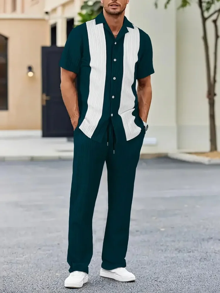 

2025 Autumn Casual Striped 3D Printed Men's Shirt And Long Pants Set, Simple And Casual Men's Short-sleeved Shirt And Long Pants