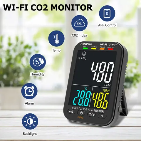 공기 품질 이산화탄소 감지기 적외선 NDIR 센서 HP-531G-WIFI가 장착된 휴대폰과 Bluetooth 및 WiFi 연결