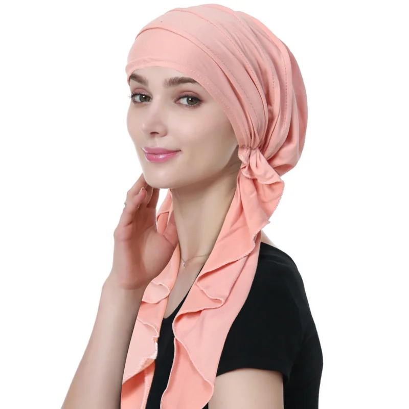 KepaHoo Trendy Crinkle Women's Hijab Solid Color Muslim Ladies Turban Bonnet Long Tail Head Wrap Head Scarf Indian Hats