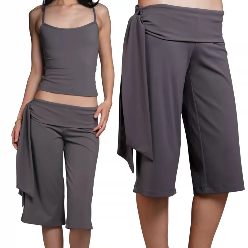 Low Rise Split Hem 3/4 Length Skinny Pants Women Solid Fold Over Waistband Capri Leggings Casual Summer Streetwear Yoga Pants
