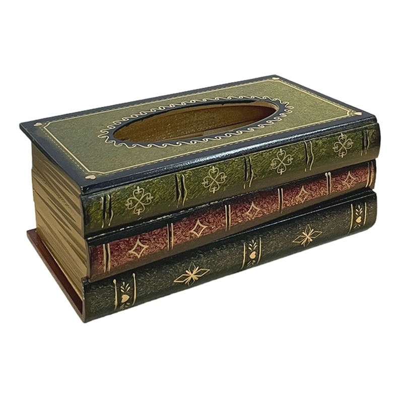 Caja de pañuelos de madera maciza con diseño de libros apilados Vintage, soporte Rectangular con parte superior con bisagras de fácil recarga, verde de aproximadamente 25,5x14,5x10,3 cm