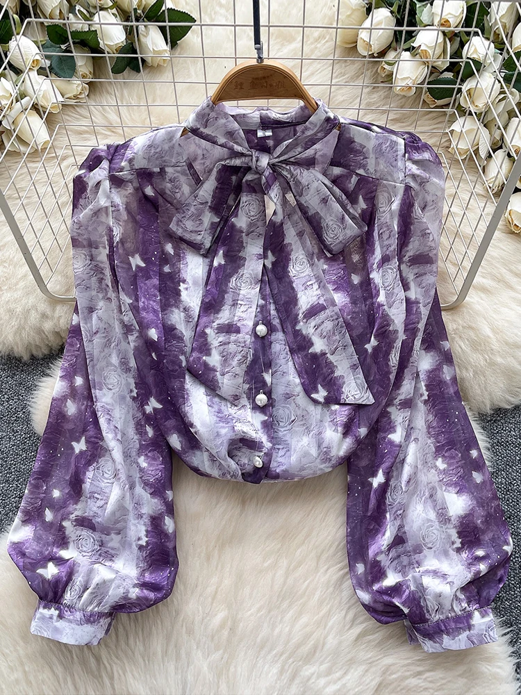 

Women Spring Summer Shirt Bow Collar Bubble Sleeves Floral Printed Thin Stylish Chic Shirt Commuting Blouse Female Tops BL118
