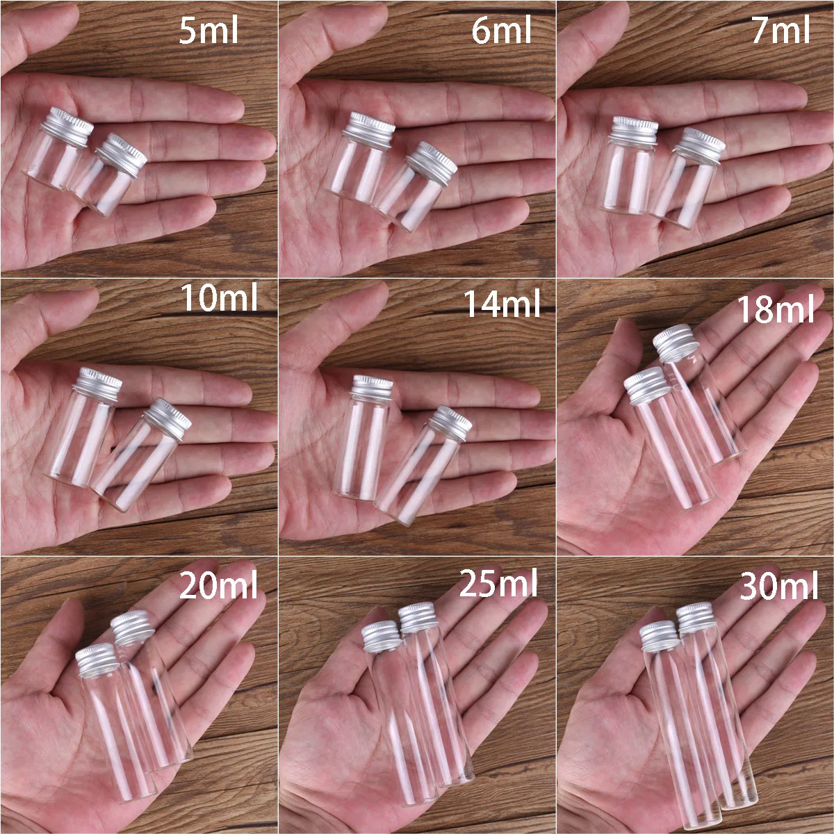 10 pieces/lot 5ml/6ml/7ml/10ml/14ml/18ml/20ml/25ml/30ml Glass Bottles with Aluminium Lids Small Mini Glass Jars Empty Containers