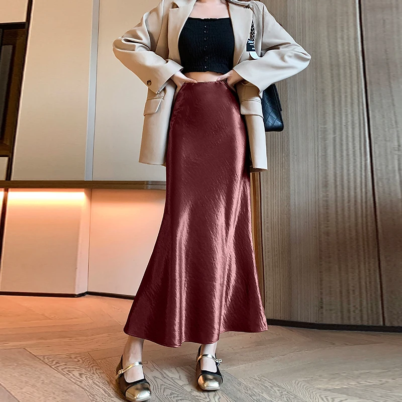 Elegant Satin High Waist Skirts Women Elegant Luxury Korean Long Maxi Mermaid Skirt Casual Office Ladies A-line Faldas