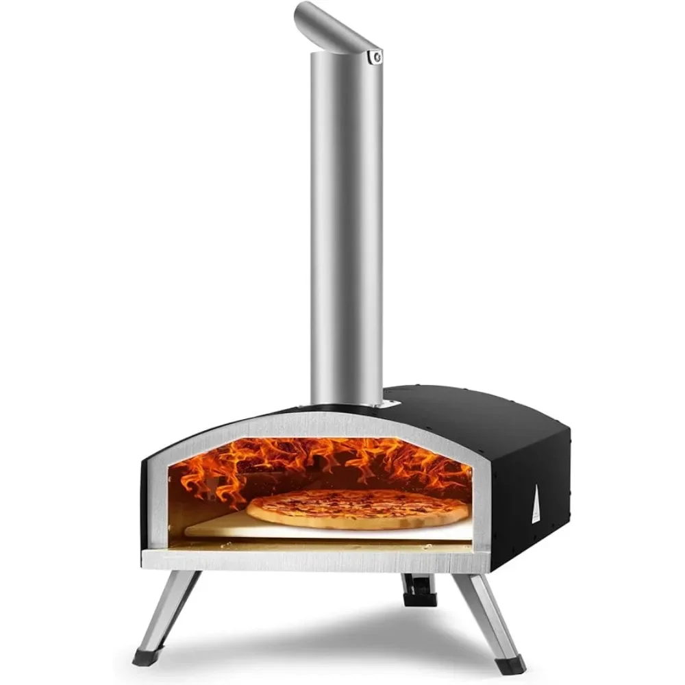 Wood Pellet and Charcoal Fired Pizza Maker, Portable Outside Stainless Steel Pizza Grill with Pizza Stone 12-inch