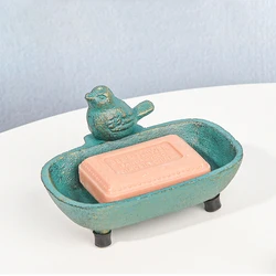 Cast Iron Soap Holder Standing Lovely Bird Antique Gold Green Handmade Tabletop Metal Dish Tray For Kitchen Bathroom Sink