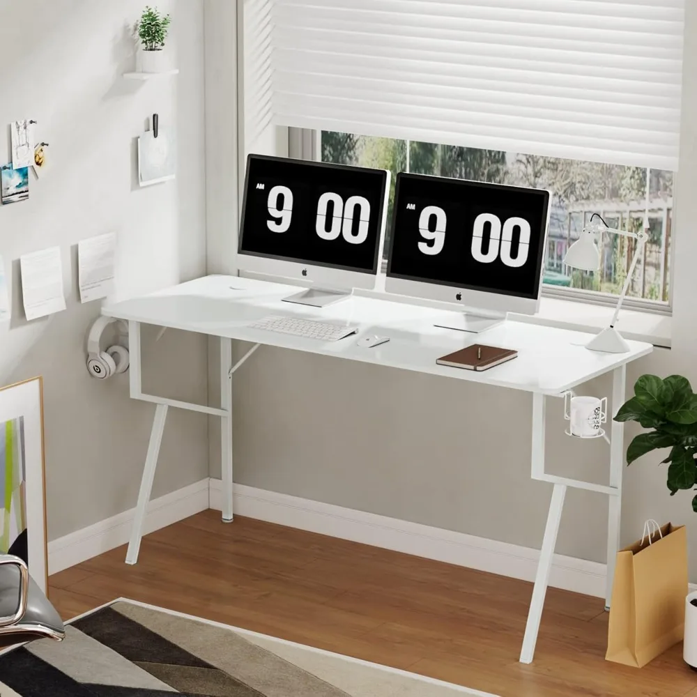 Computer Desk, 63 x 24 Inch K Shaped Long Gaming Desk for Home Office Work Study Writing Table with Cable Management, Cup Holder