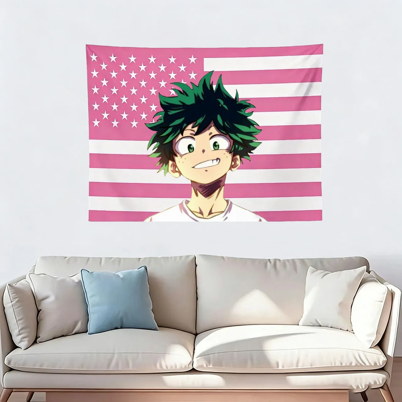 My Hero Academia Deku Pink American Flag Tapestry, Anime Wall Decor, Flat Print Bedroom Dorm Banner, MHA Fan Gift
