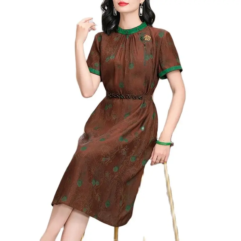 BirdTree, Watered Gazue, 100%Real Silk Elegant Dresses, Women Stand Collar Short Sleeve, OL Retro Dress, Spring Summer D44012QM