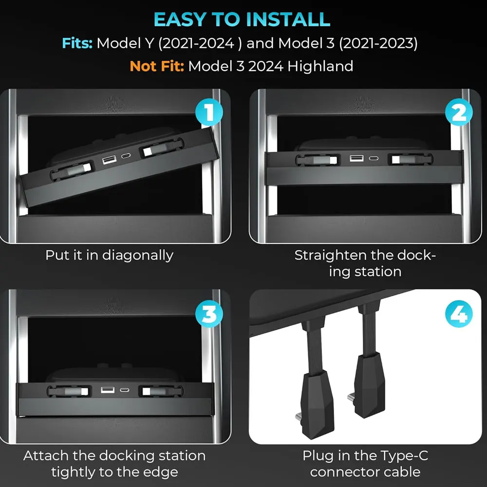 محور USB لشاحن تسلا السريع موديل Y/3 مقاوم للماء متعدد المنافذ محطة إرساء قابلة للسحب موديل Y 2021-2024 موديل 3 2021-2023 #6