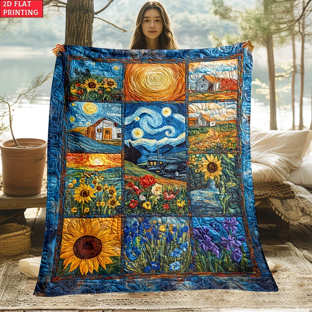 2D Flat 1pc Van Gogh Starry Sky Suitable for Sofa Bedroom, Living Room Bed, Couch Chair Soft and Warm Blanket