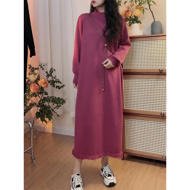 

Long Sleeve Knit Dress 2024 Autumn/winter New Cross-border Style Fringed Bottom Loose-fit Long Sweater Dress E2854