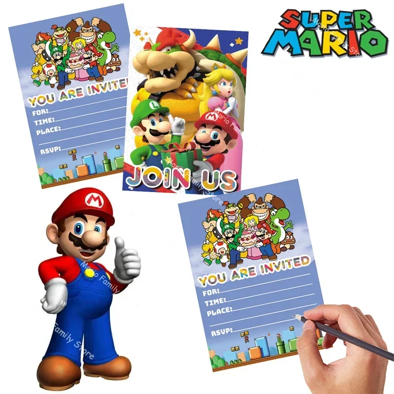 16pcs Super Mario Bros Party Invitation Card Anime Children Birthday Party Baby Shower Supplies Cartoon Wedding Decoration Gift