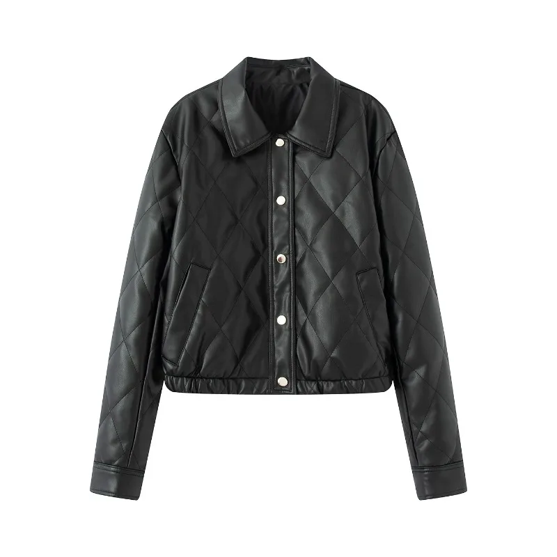 Lozenge Women's Leather Jacket Autumn Winter Padded Coats Fashion Leather Bomber Jacket Outerwears Demi-season Jacket for Women