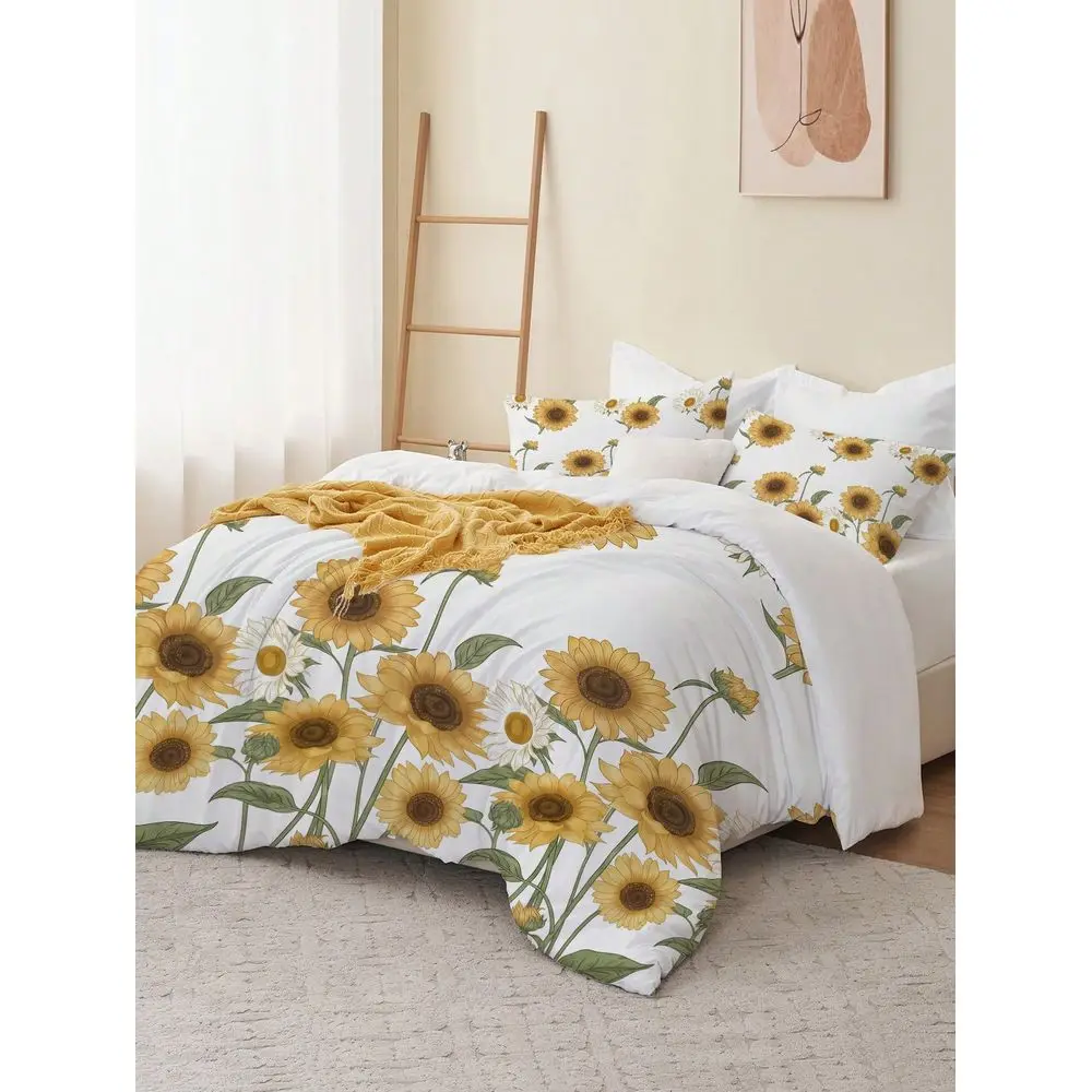 Soft Comfortable Sunflower Print Duvet Cover Set 1 Duvet Cover 2 Pillow Shams, Comforter Pillow Insert Not Included, Unisex Home