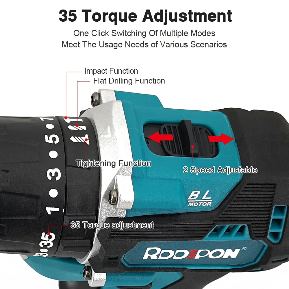 RDDSPON 18V Brushless Cordless Drill Rechargeable Electric Screwdriver 2 Speed Mini Wireless Driver DC Li-Ion Battery Power Tool