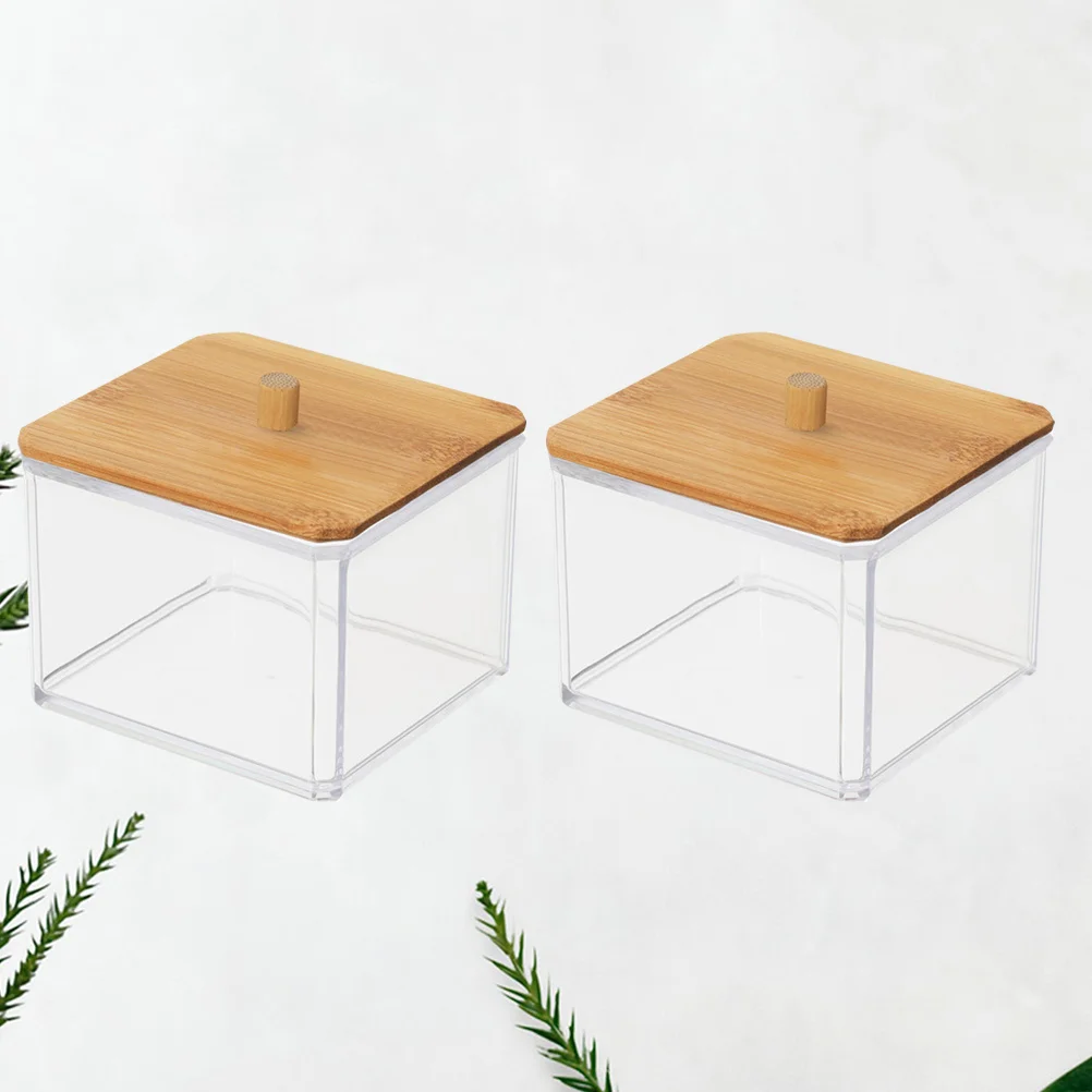 

2Pcs Clear Cotton Pad Holders Bamboo Cover Transparent Organizers Acrylic Storage Containers Makeup Pen Holders Table