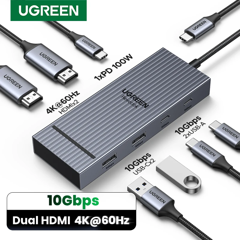 UGREEN USB-C HUB Dual HDMI 7-in-1 Type-C to 4K60Hz 2HDMI 10Gbps USB-A&C Ports PD100W for MacBook Laptop USB Splitter Docking