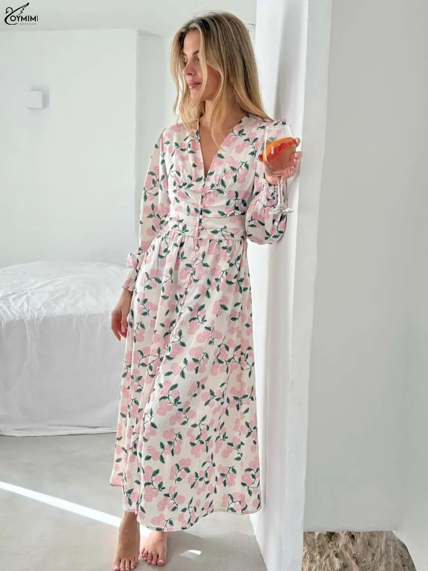 

Oymimi Autumn Pink Print Womens Dresses Fashion Deep V-Neck Long Sleeve Button Dresses Elegant New High Waisted Mid-Calf Dress