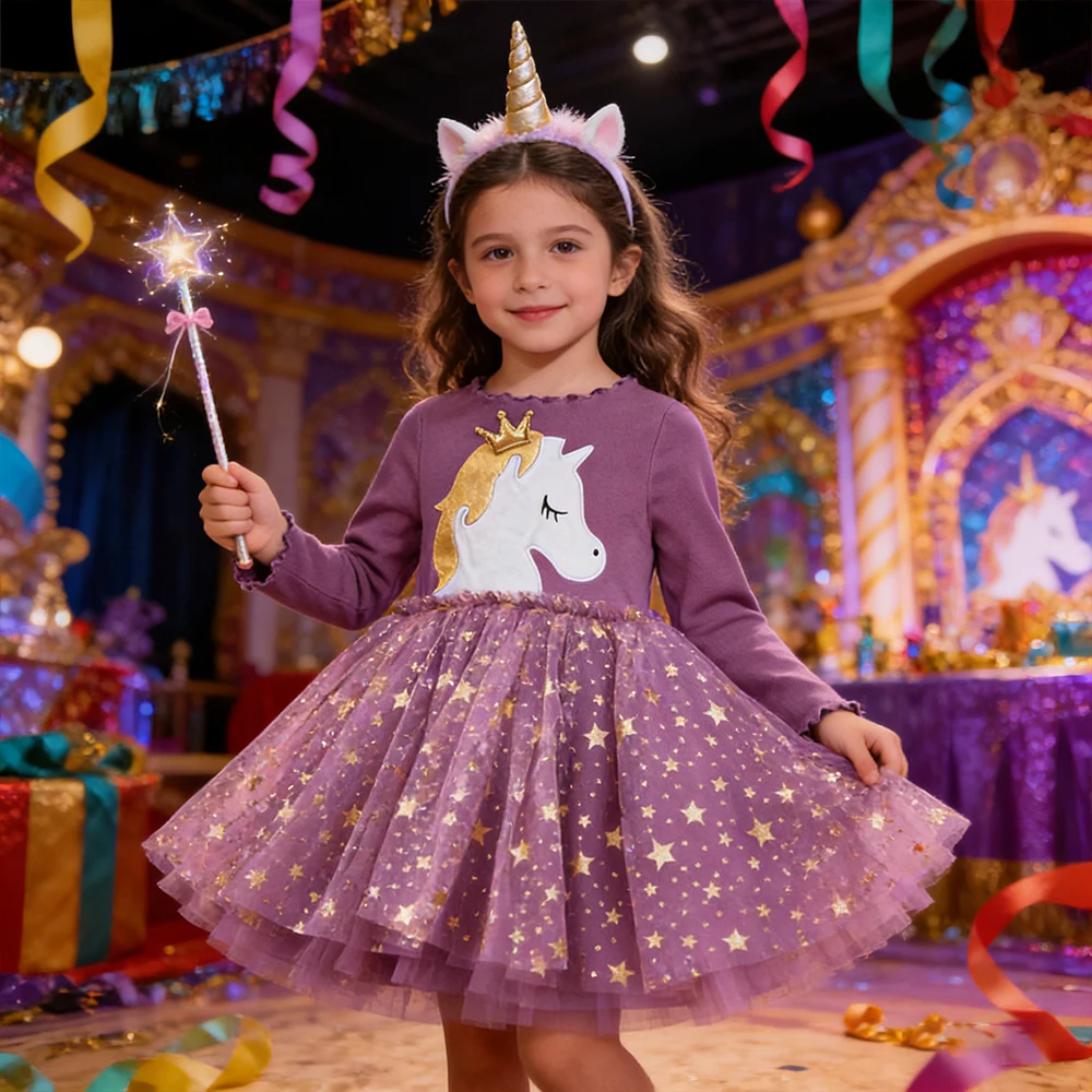 Children's Cute Unicorn Dresses Long Sleeve Star Mesh Princess Dress For Birthday Carnival Outfits Kids Girls Party Dresses Gown