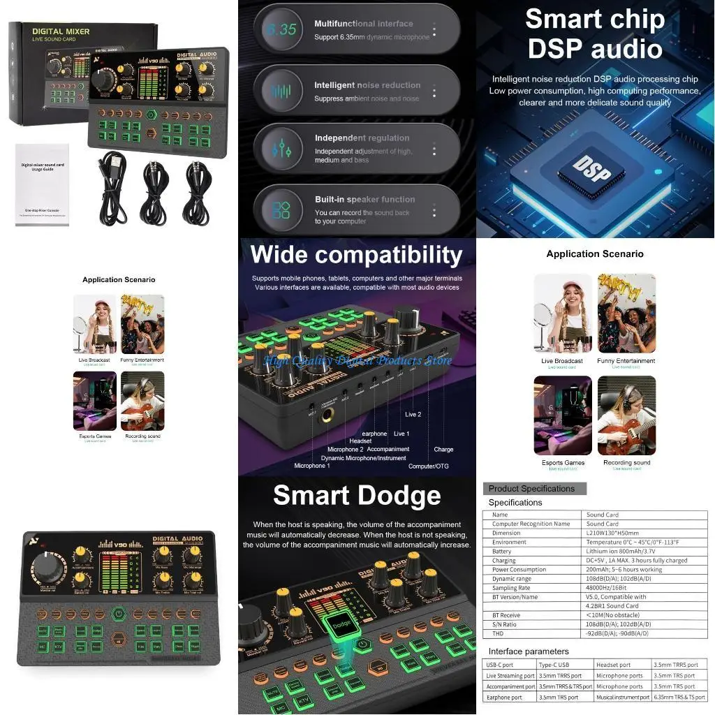 

U2JE V90 Sound Mixer Live Sound Card 16bit with Cord for Musicians and Broadcasters