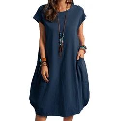Vestidos transpirables de lino y algodón para mujer, ropa holgada informal y cómoda con cuello redondo y bolsillos dobles, Color sólido, Verano