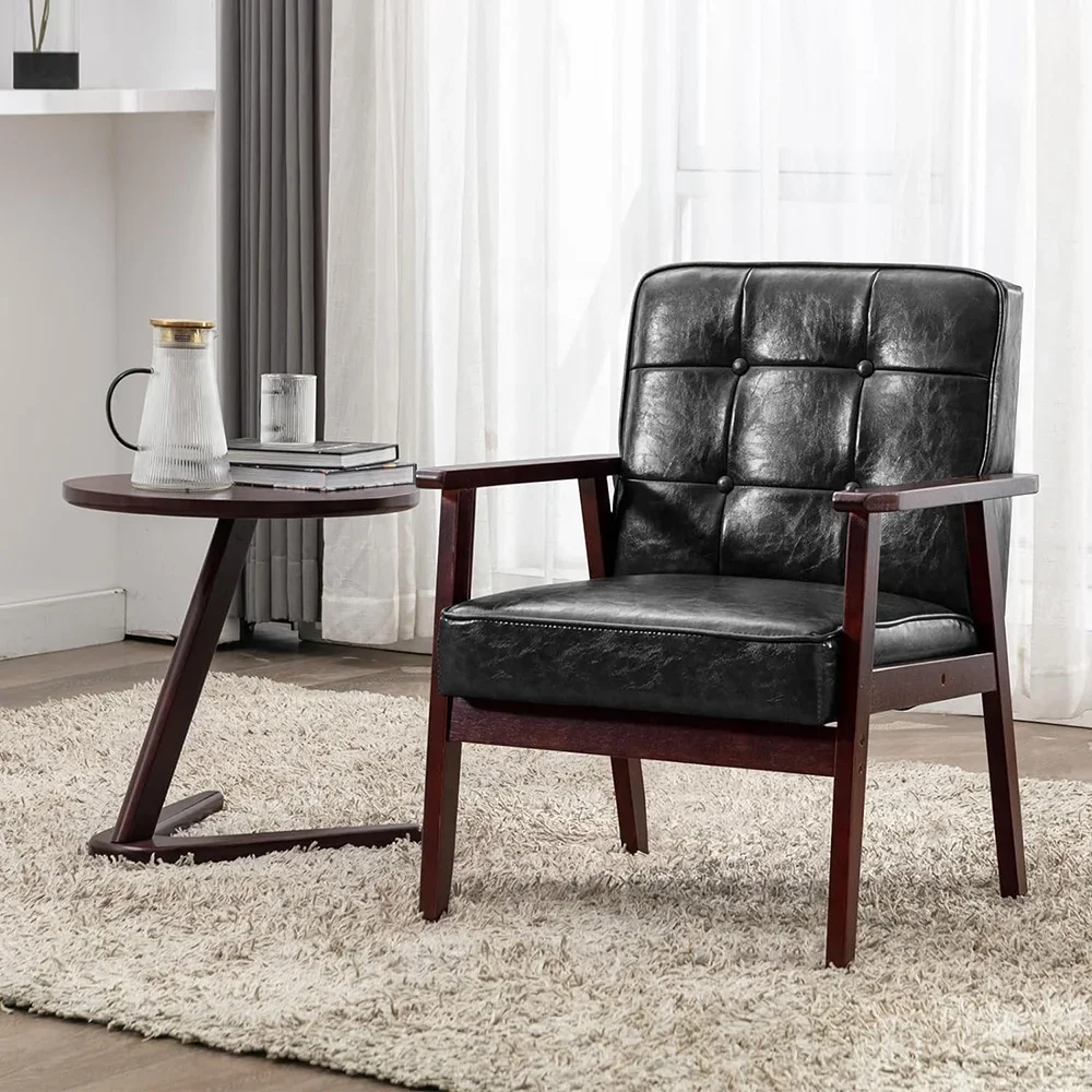 -Mid-century Modern Accent Chair Vintage Wood Leather Armchair Living Room Reading Comfort Armchair