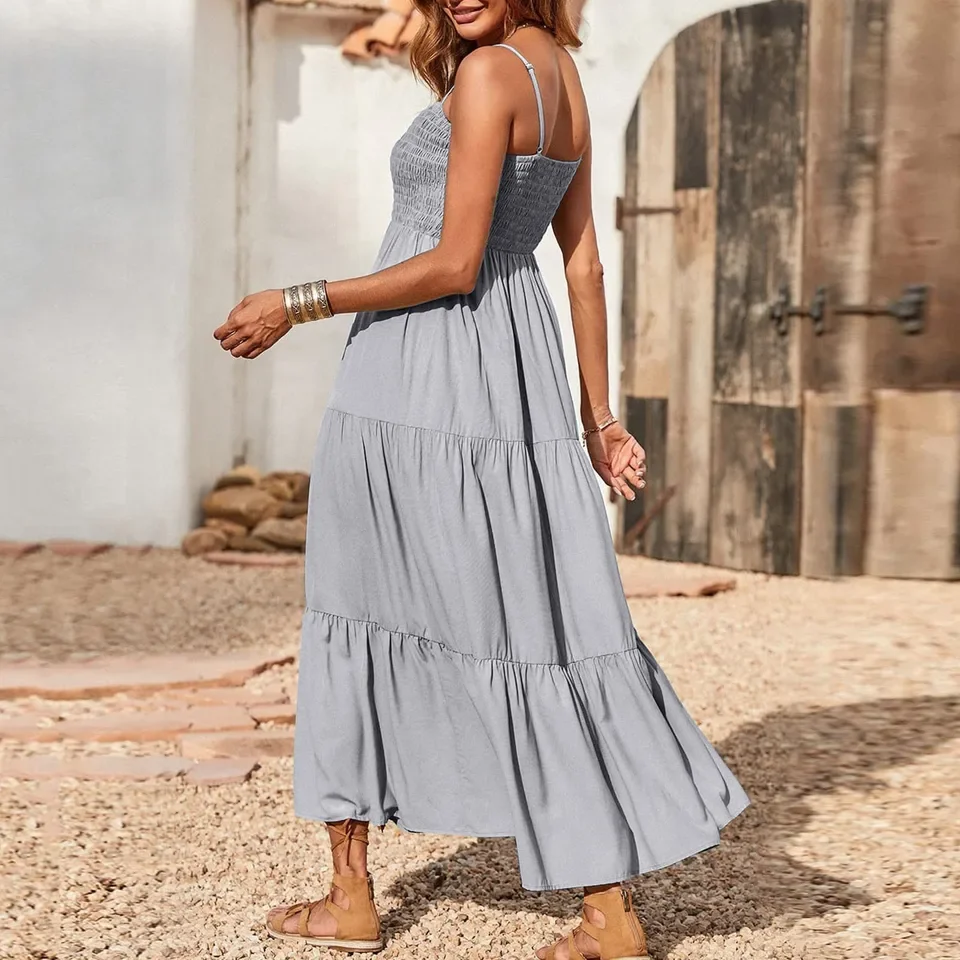 ชุดเดรสฤดูร้อนสำหรับผู้หญิง สไตล์ลำลอง โบฮีเมียน สายเดี่ยวบาง ชั้นๆ ยาว เหมาะสำหรับใส่ไปชายหาด ทรงหลวม เปิดหลัง ยืดหยุ่น สวมใส่สบาย